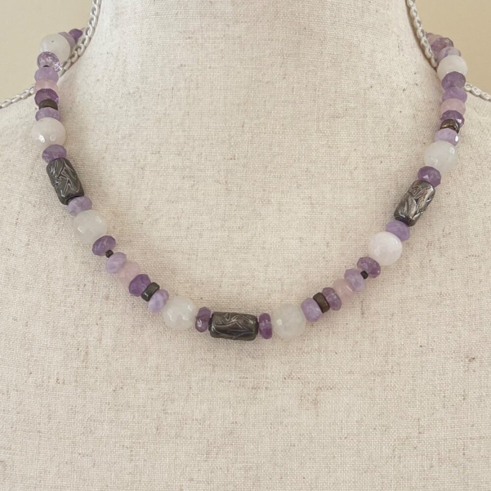 Lavender Purple Gemstone Bead 18" Necklace With Silver Beads February Birthstone